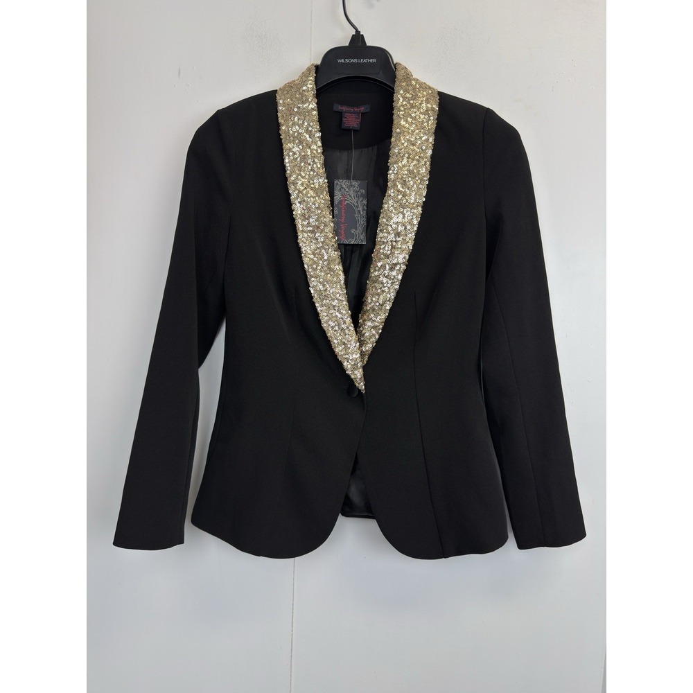 NEW Imaginary Voyage Blazer Womens Size S Black Sequin‎ Lapel Ponte Jacket Party